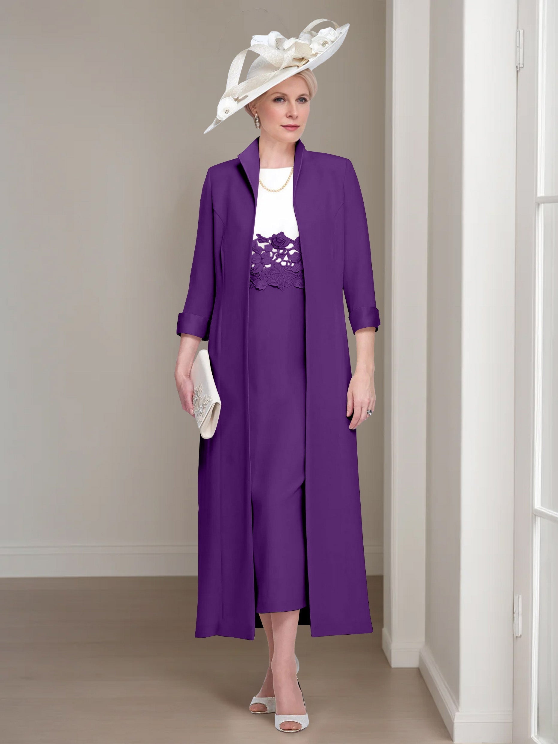 2 Pieces Round Neck Tea-Length Mother of the Bride Dresses with Jacket & Lace Appliques