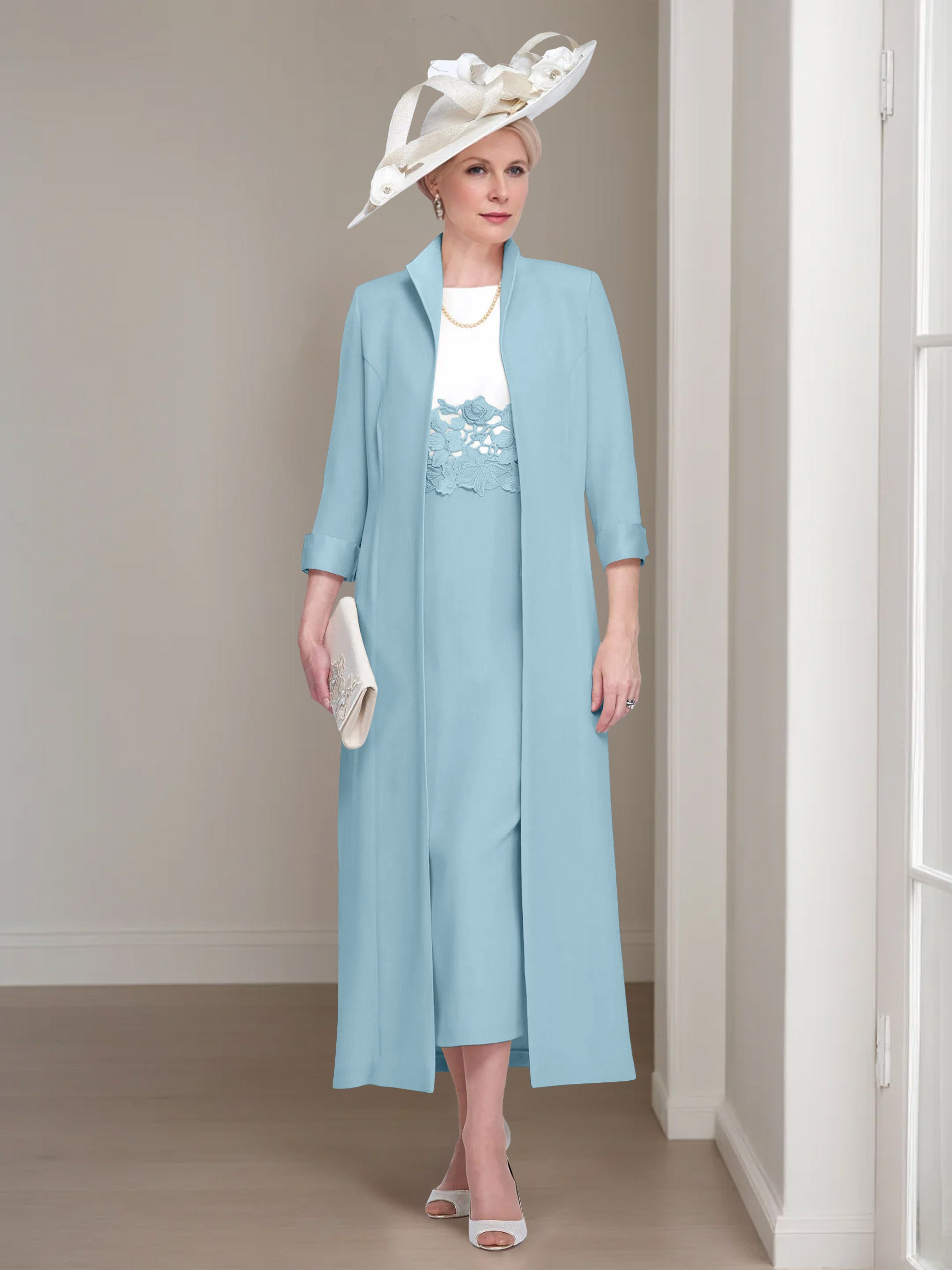 2 Pieces Round Neck Tea-Length Mother of the Bride Dresses with Jacket & Lace Appliques