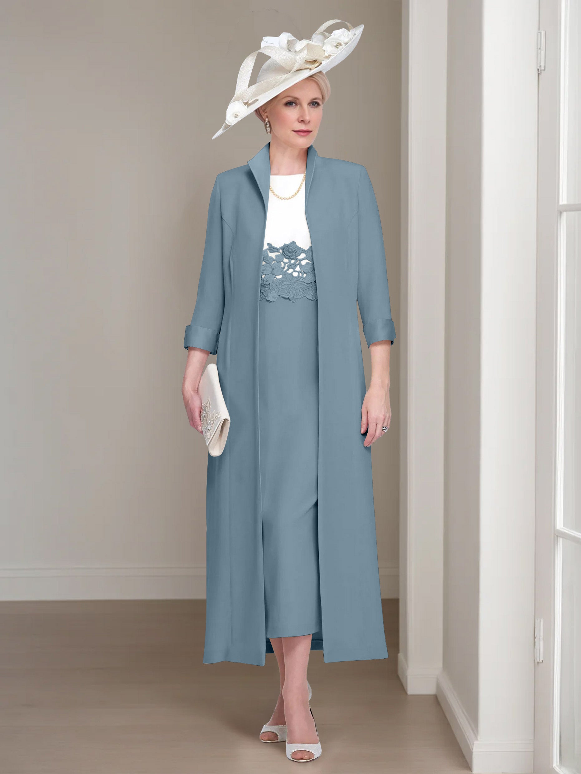 2 Pieces Round Neck Tea-Length Mother of the Bride Dresses with Jacket & Lace Appliques