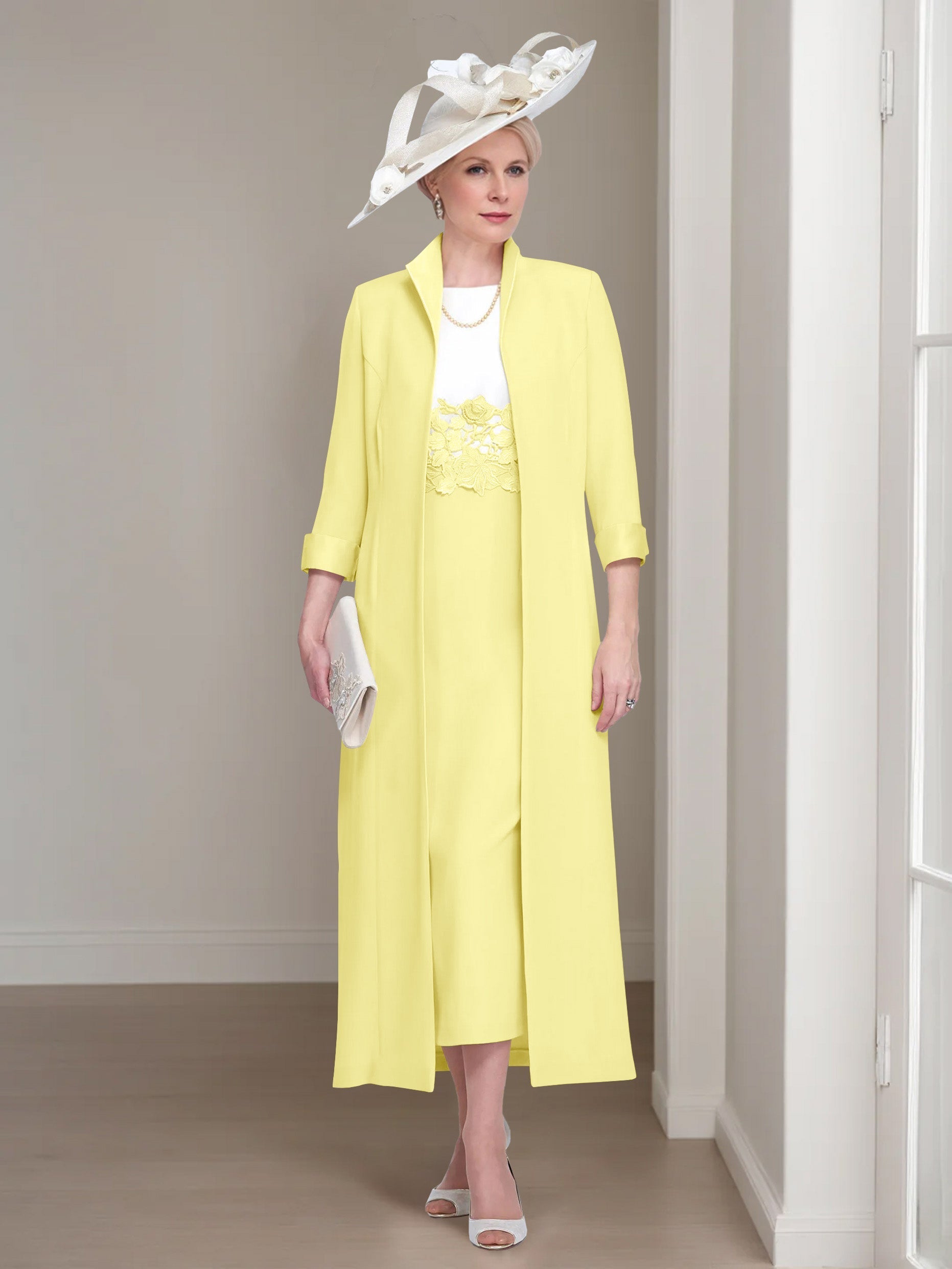 2 Pieces Round Neck Tea-Length Mother of the Bride Dresses with Jacket & Lace Appliques