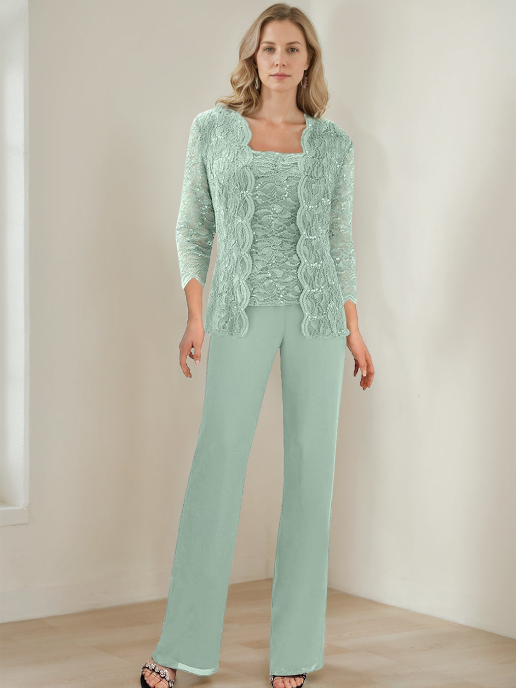 3 Pieces Square Neck 3/4 Sleeves Floor-Length Mother of the Bride Pantsuits with Sequins