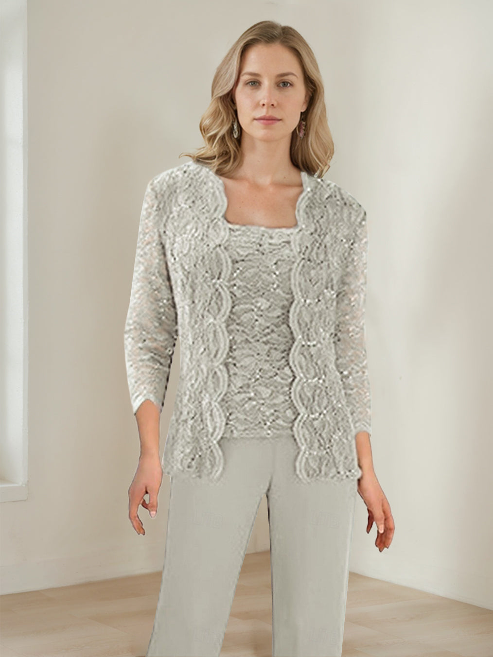 3 Pieces Square Neck 3/4 Sleeves Floor-Length Mother of the Bride Pantsuits with Sequins