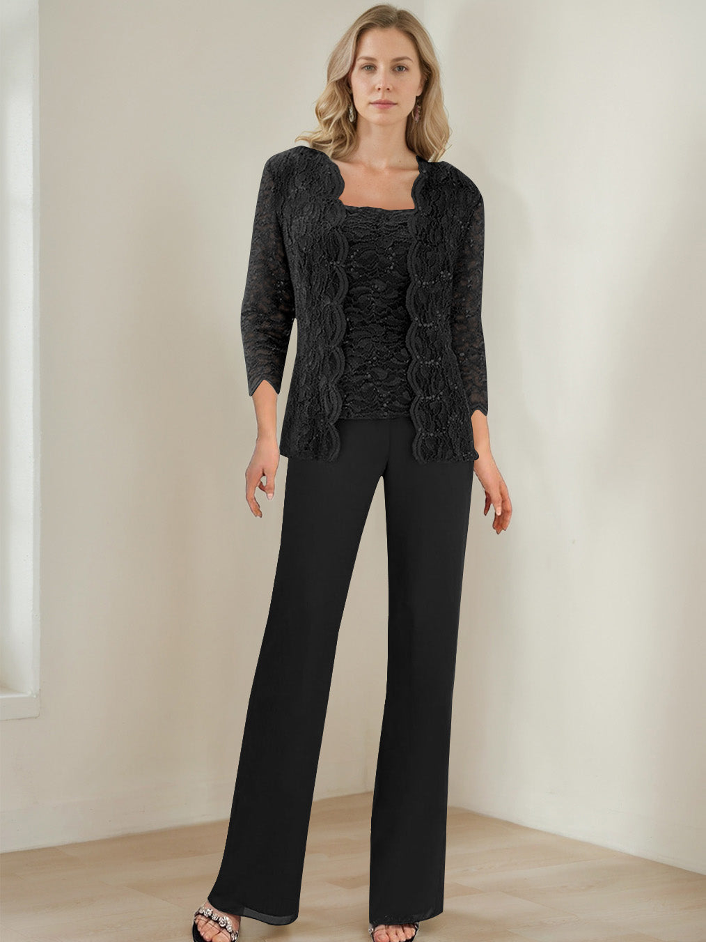 3 Pieces Square Neck 3/4 Sleeves Floor-Length Mother of the Bride Pantsuits with Sequins