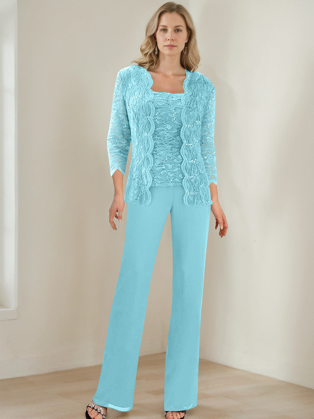 3 Pieces Square Neck 3/4 Sleeves Floor-Length Mother of the Bride Pantsuits with Sequins