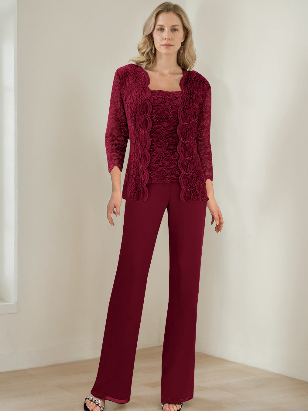 3 Pieces Square Neck 3/4 Sleeves Floor-Length Mother of the Bride Pantsuits with Sequins