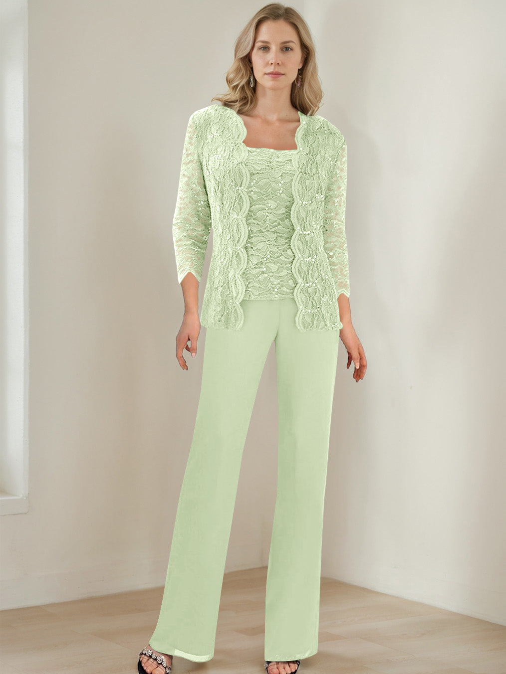 3 Pieces Square Neck 3/4 Sleeves Floor-Length Mother of the Bride Pantsuits with Sequins