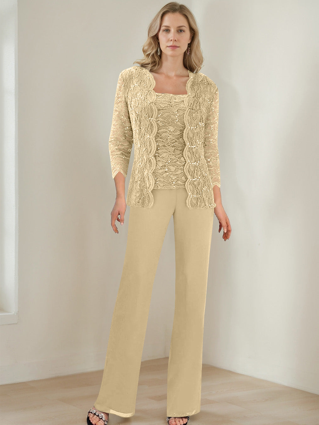 3 Pieces Square Neck 3/4 Sleeves Floor-Length Mother of the Bride Pantsuits with Sequins