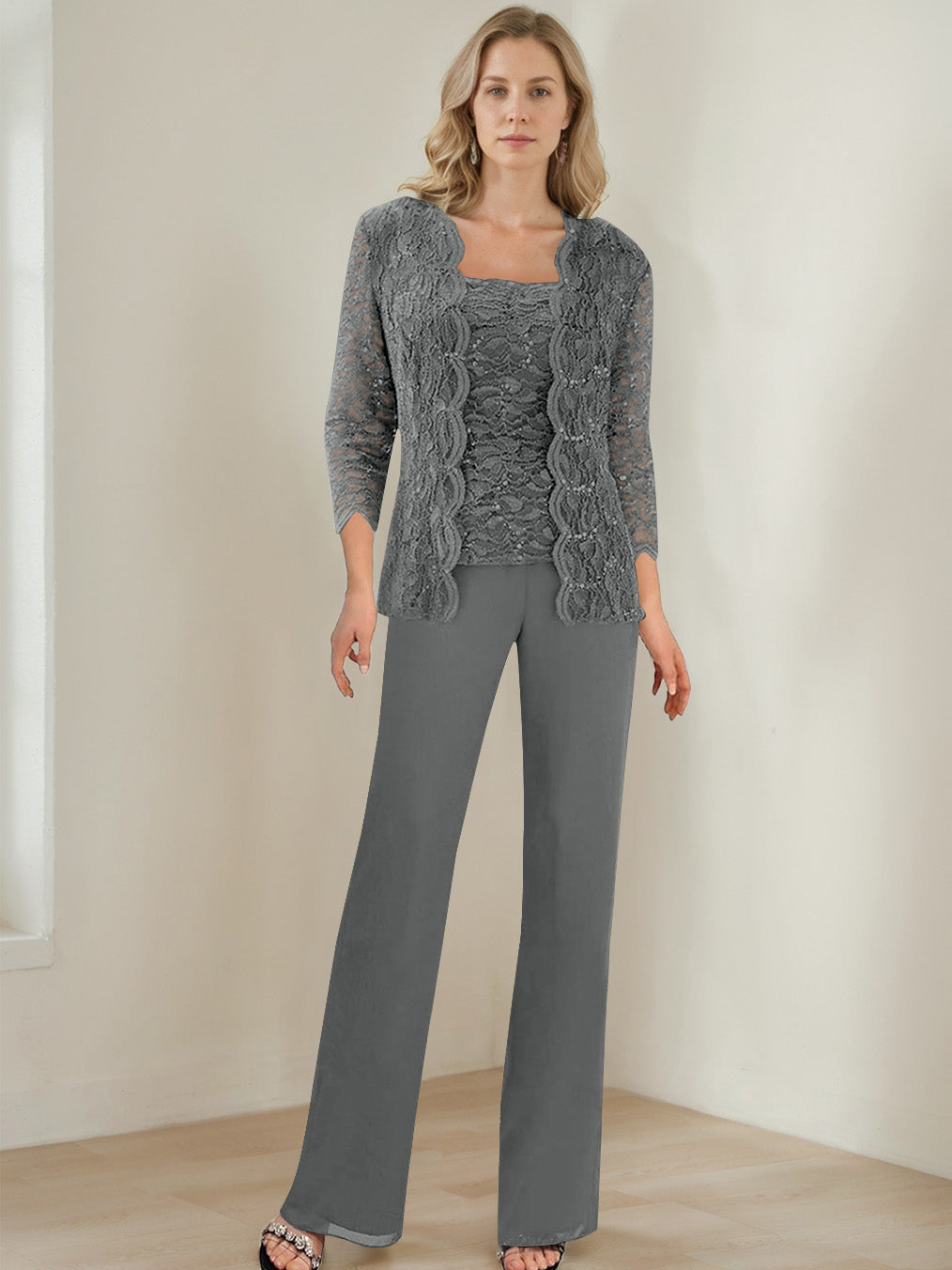 3 Pieces Square Neck 3/4 Sleeves Floor-Length Mother of the Bride Pantsuits with Sequins
