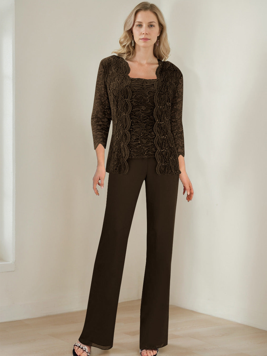 3 Pieces Square Neck 3/4 Sleeves Floor-Length Mother of the Bride Pantsuits with Sequins