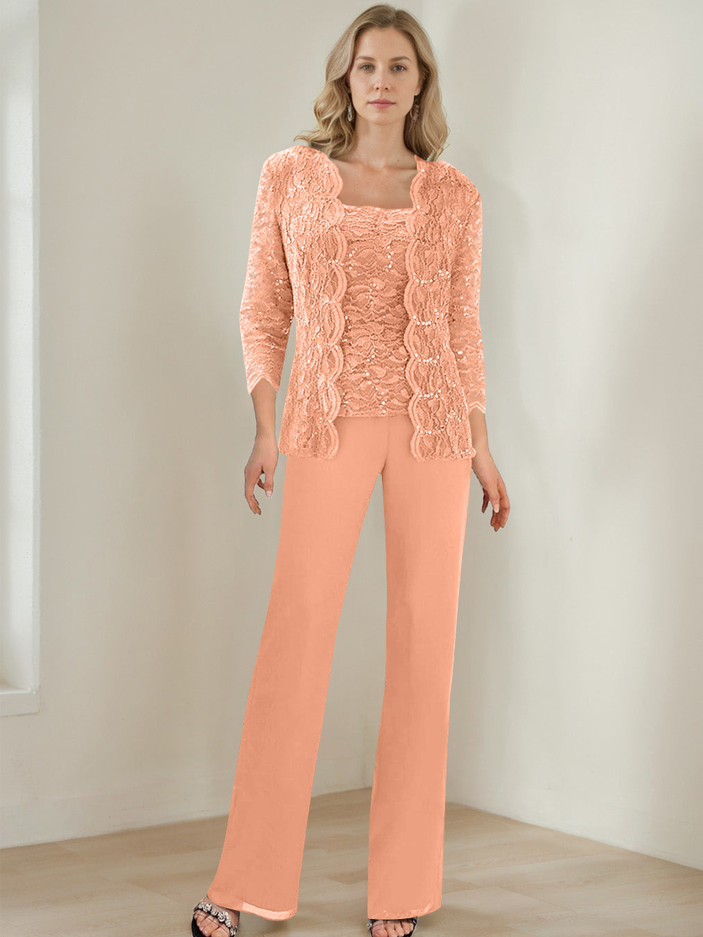 3 Pieces Square Neck 3/4 Sleeves Floor-Length Mother of the Bride Pantsuits with Sequins