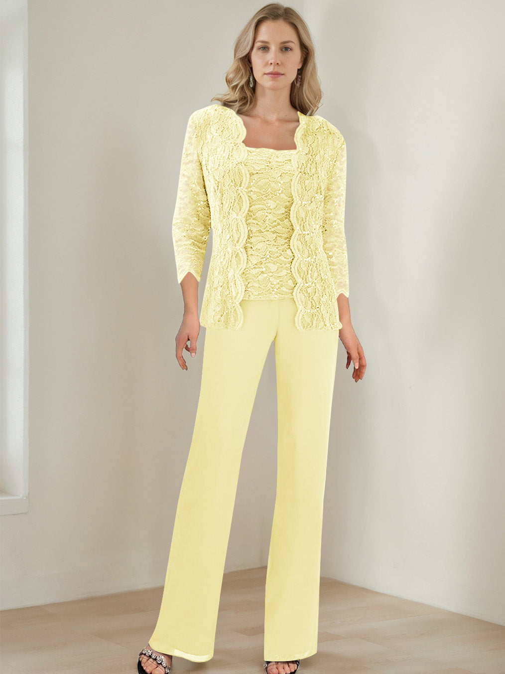 3 Pieces Square Neck 3/4 Sleeves Floor-Length Mother of the Bride Pantsuits with Sequins