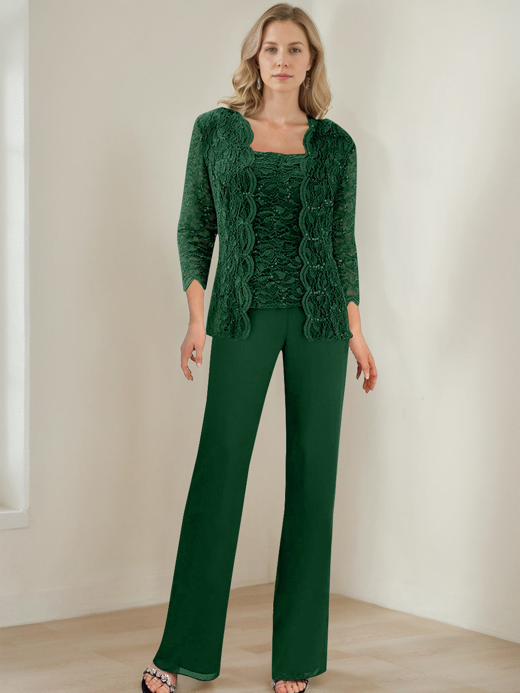 3 Pieces Square Neck 3/4 Sleeves Floor-Length Mother of the Bride Pantsuits with Sequins