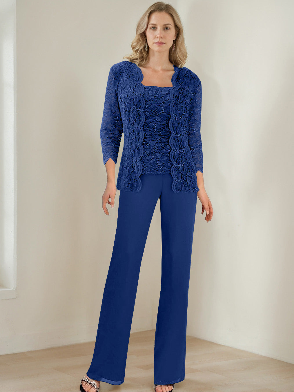 3 Pieces Square Neck 3/4 Sleeves Floor-Length Mother of the Bride Pantsuits with Sequins