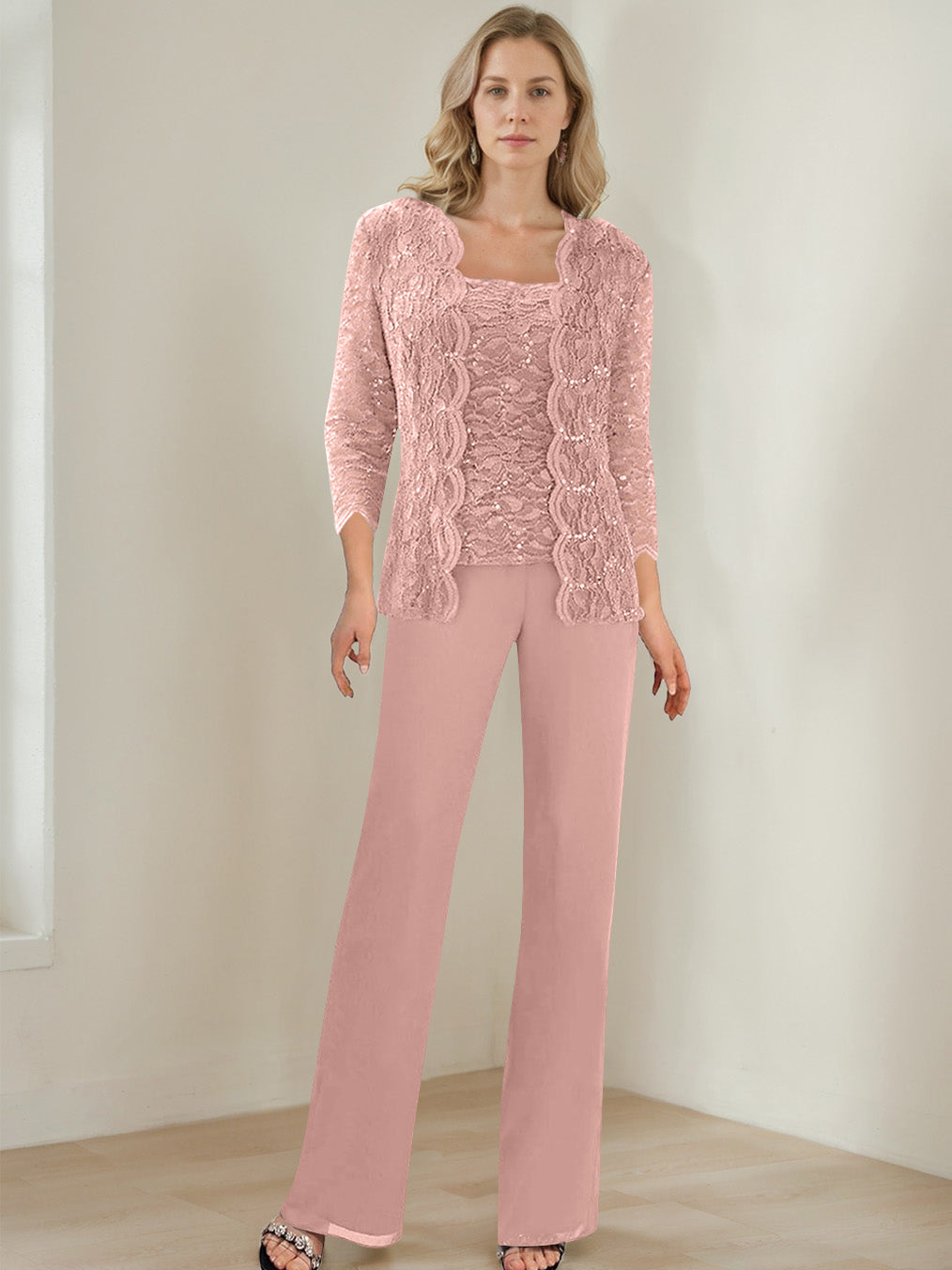 3 Pieces Square Neck 3/4 Sleeves Floor-Length Mother of the Bride Pantsuits with Sequins