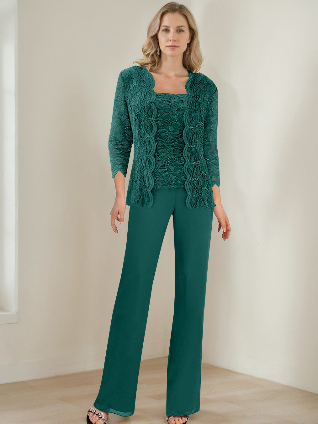 3 Pieces Square Neck 3/4 Sleeves Floor-Length Mother of the Bride Pantsuits with Sequins