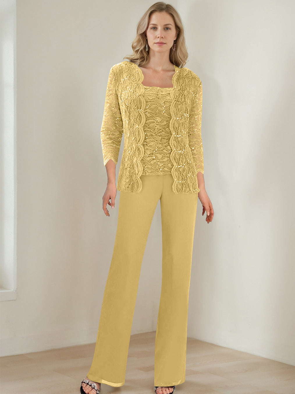 3 Pieces Square Neck 3/4 Sleeves Floor-Length Mother of the Bride Pantsuits with Sequins
