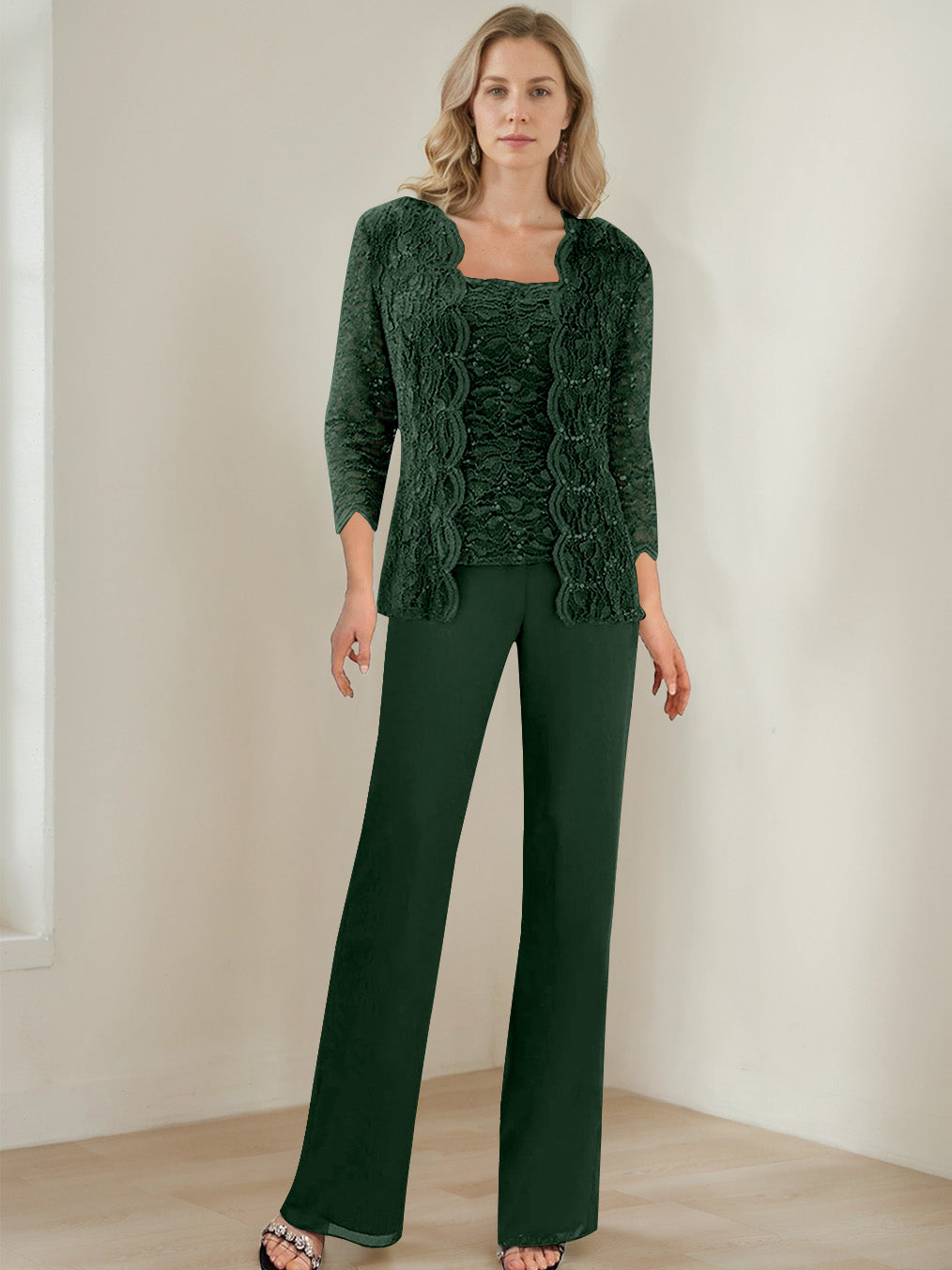 3 Pieces Square Neck 3/4 Sleeves Floor-Length Mother of the Bride Pantsuits with Sequins
