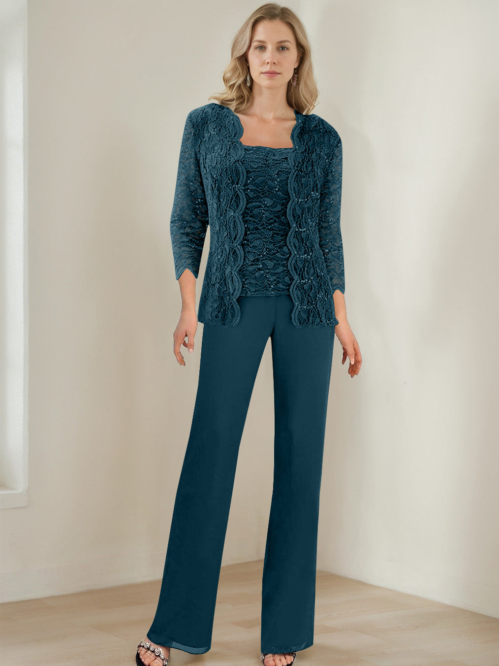 3 Pieces Square Neck 3/4 Sleeves Floor-Length Mother of the Bride Pantsuits with Sequins