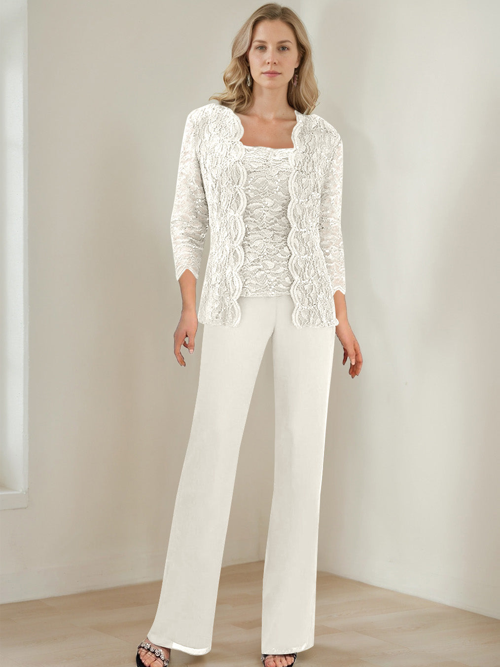 3 Pieces Square Neck 3/4 Sleeves Floor-Length Mother of the Bride Pantsuits with Sequins