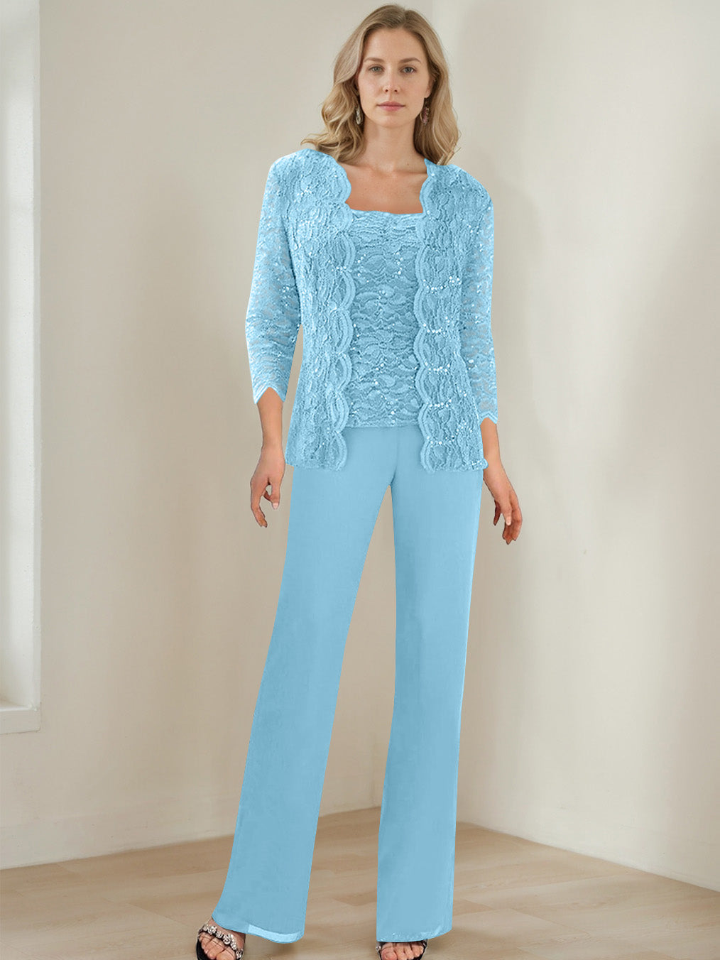 3 Pieces Square Neck 3/4 Sleeves Floor-Length Mother of the Bride Pantsuits with Sequins