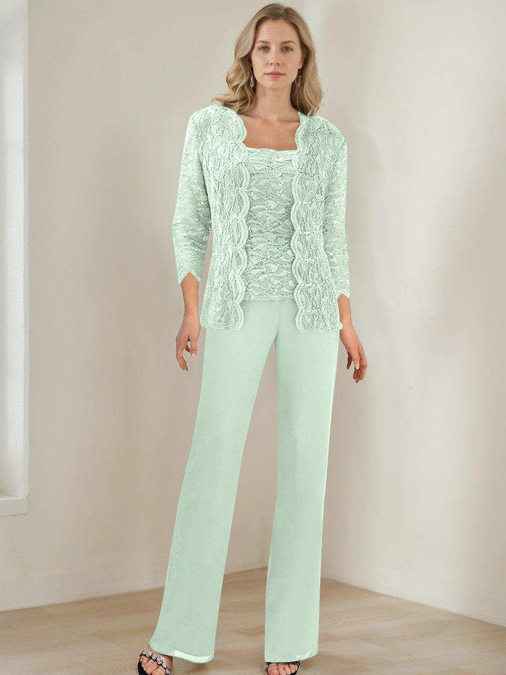 3 Pieces Square Neck 3/4 Sleeves Floor-Length Mother of the Bride Pantsuits with Sequins