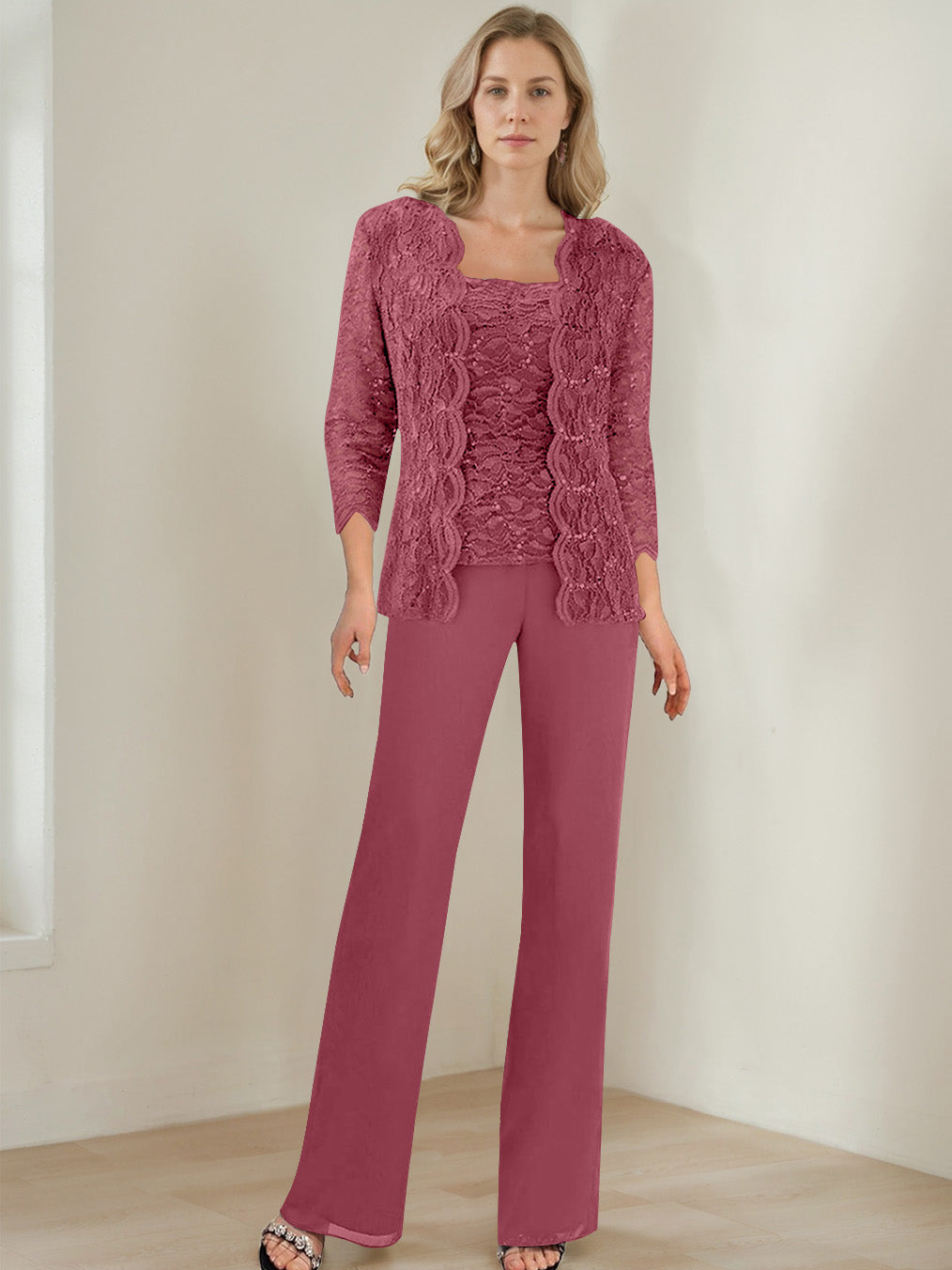 3 Pieces Square Neck 3/4 Sleeves Floor-Length Mother of the Bride Pantsuits with Sequins