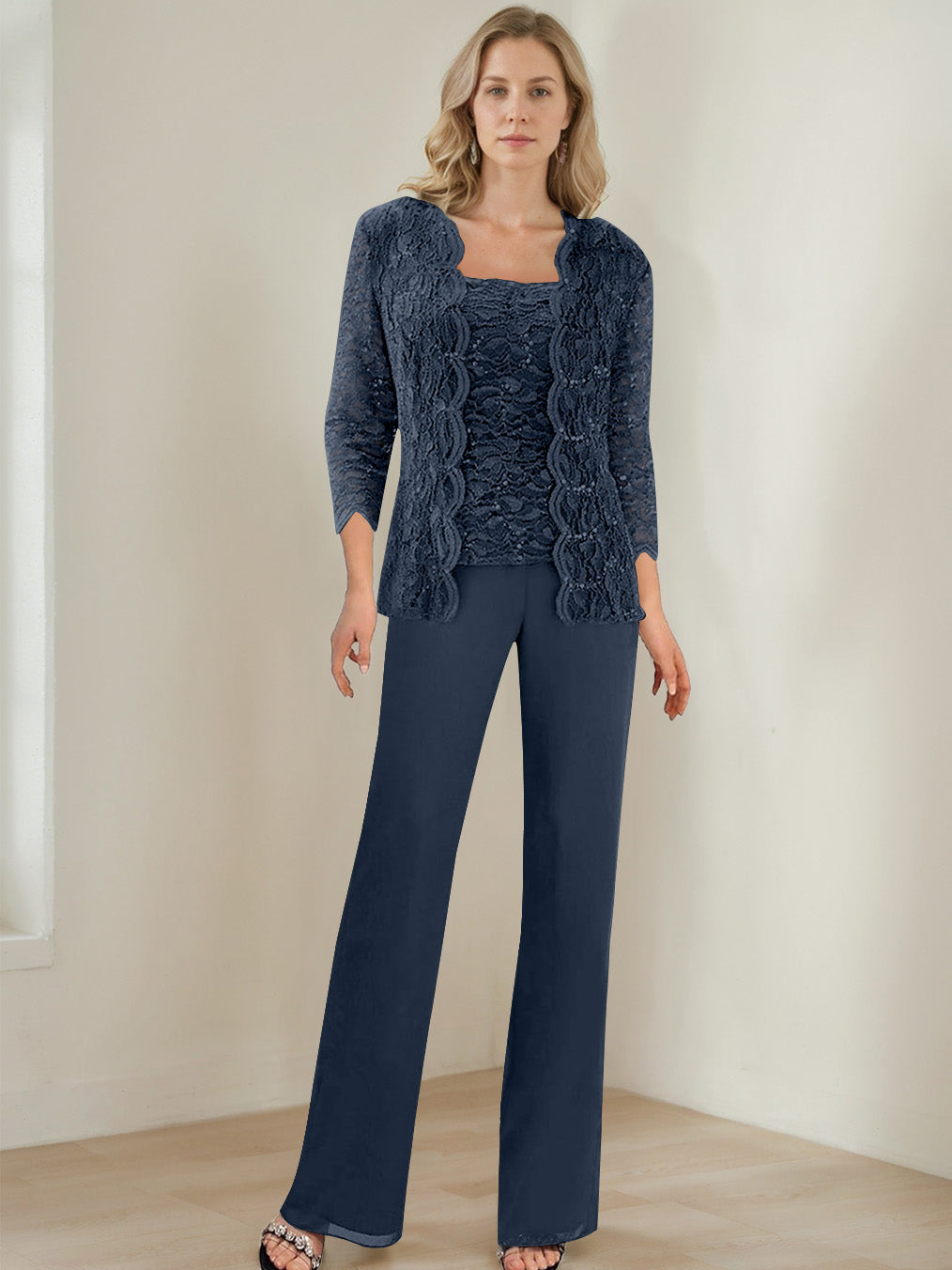 3 Pieces Square Neck 3/4 Sleeves Floor-Length Mother of the Bride Pantsuits with Sequins