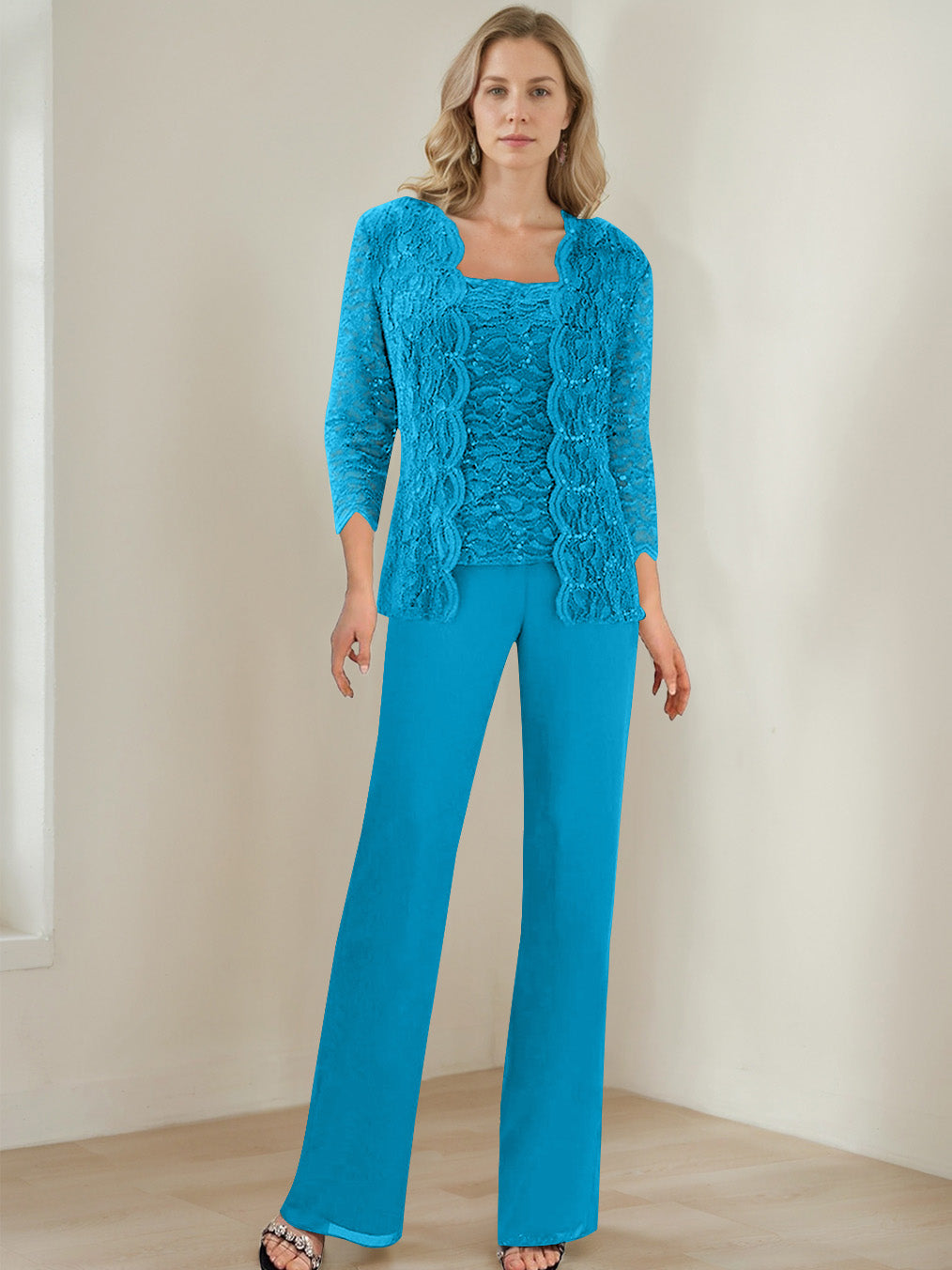 3 Pieces Square Neck 3/4 Sleeves Floor-Length Mother of the Bride Pantsuits with Sequins