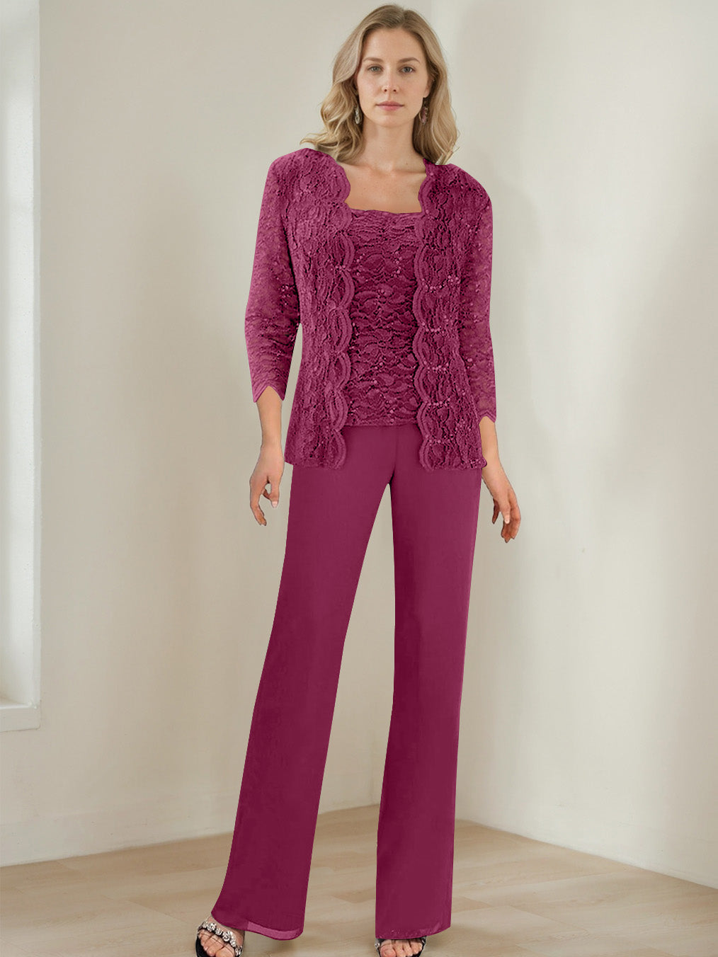 3 Pieces Square Neck 3/4 Sleeves Floor-Length Mother of the Bride Pantsuits with Sequins