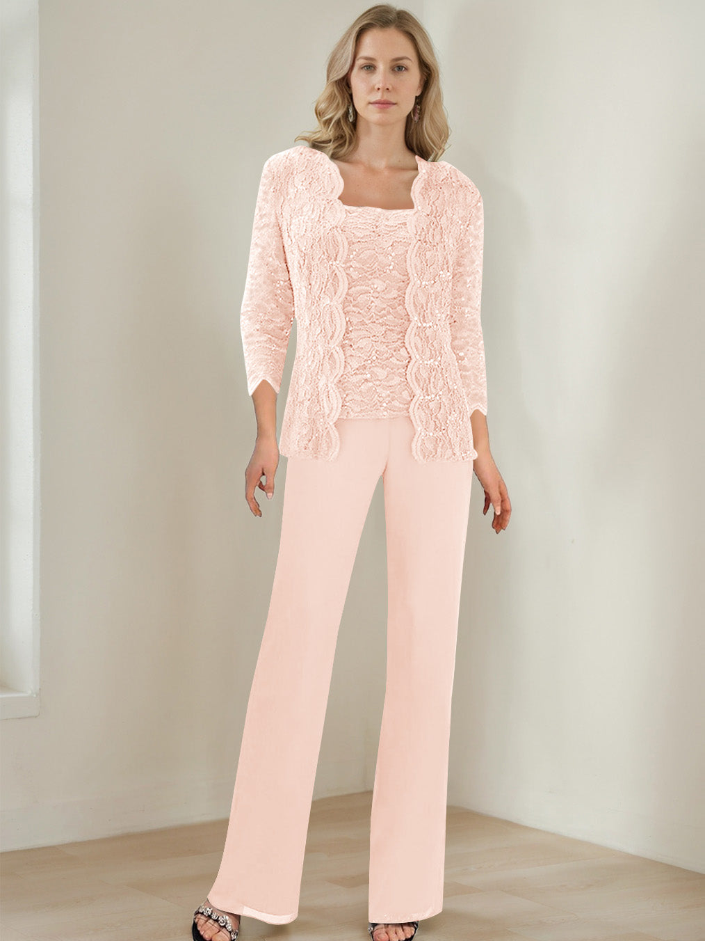 3 Pieces Square Neck 3/4 Sleeves Floor-Length Mother of the Bride Pantsuits with Sequins