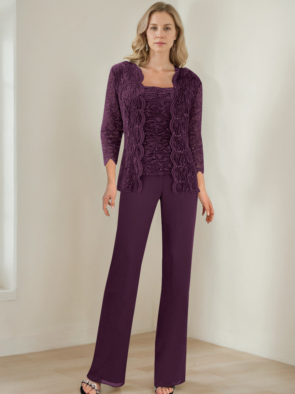 3 Pieces Square Neck 3/4 Sleeves Floor-Length Mother of the Bride Pantsuits with Sequins