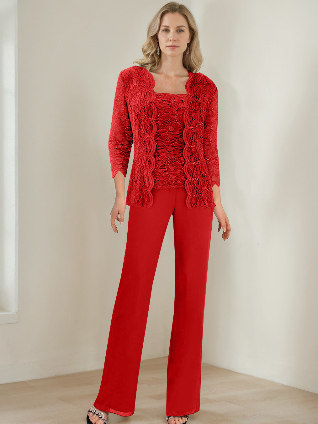 3 Pieces Square Neck 3/4 Sleeves Floor-Length Mother of the Bride Pantsuits with Sequins
