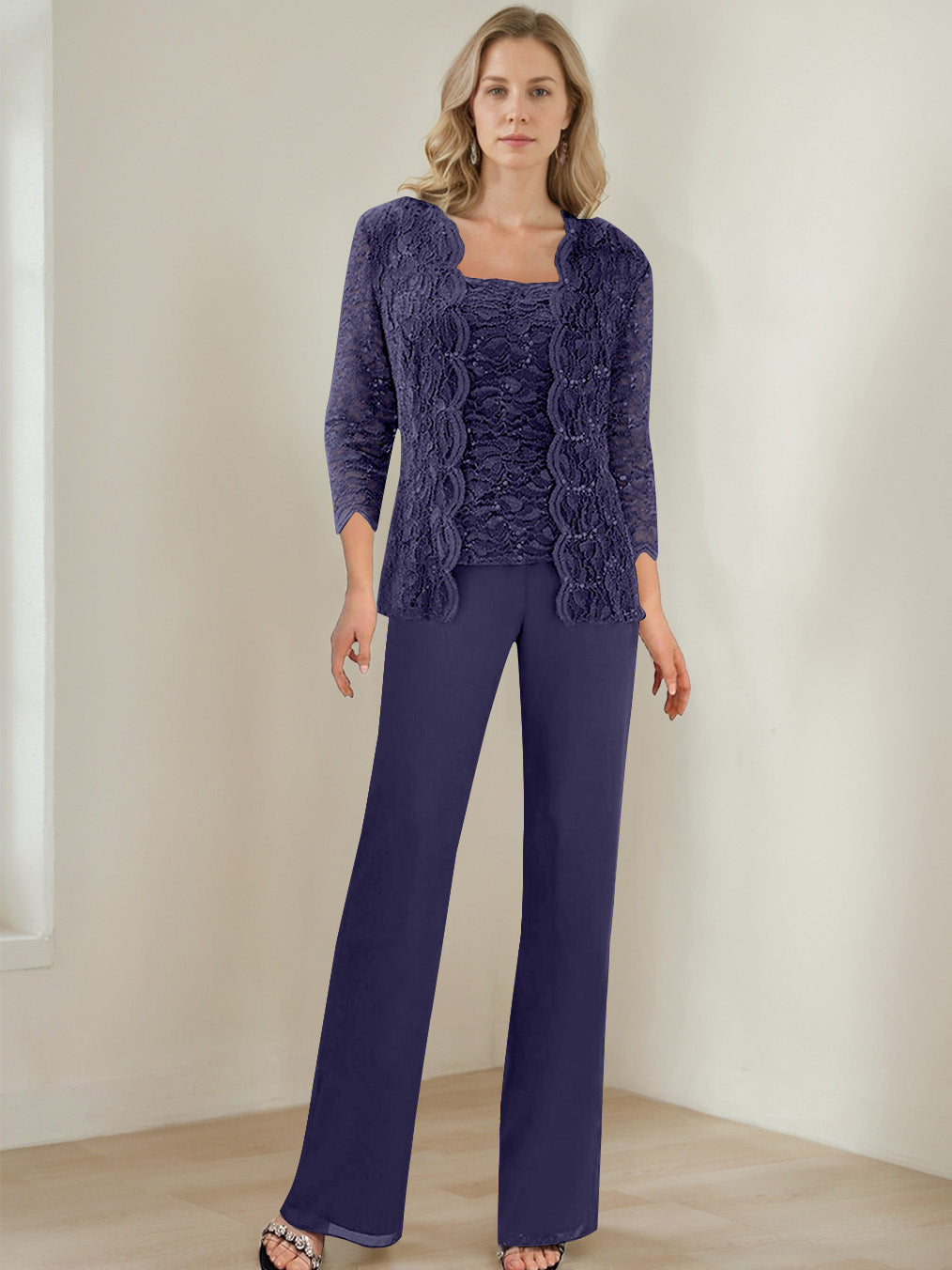 3 Pieces Square Neck 3/4 Sleeves Floor-Length Mother of the Bride Pantsuits with Sequins