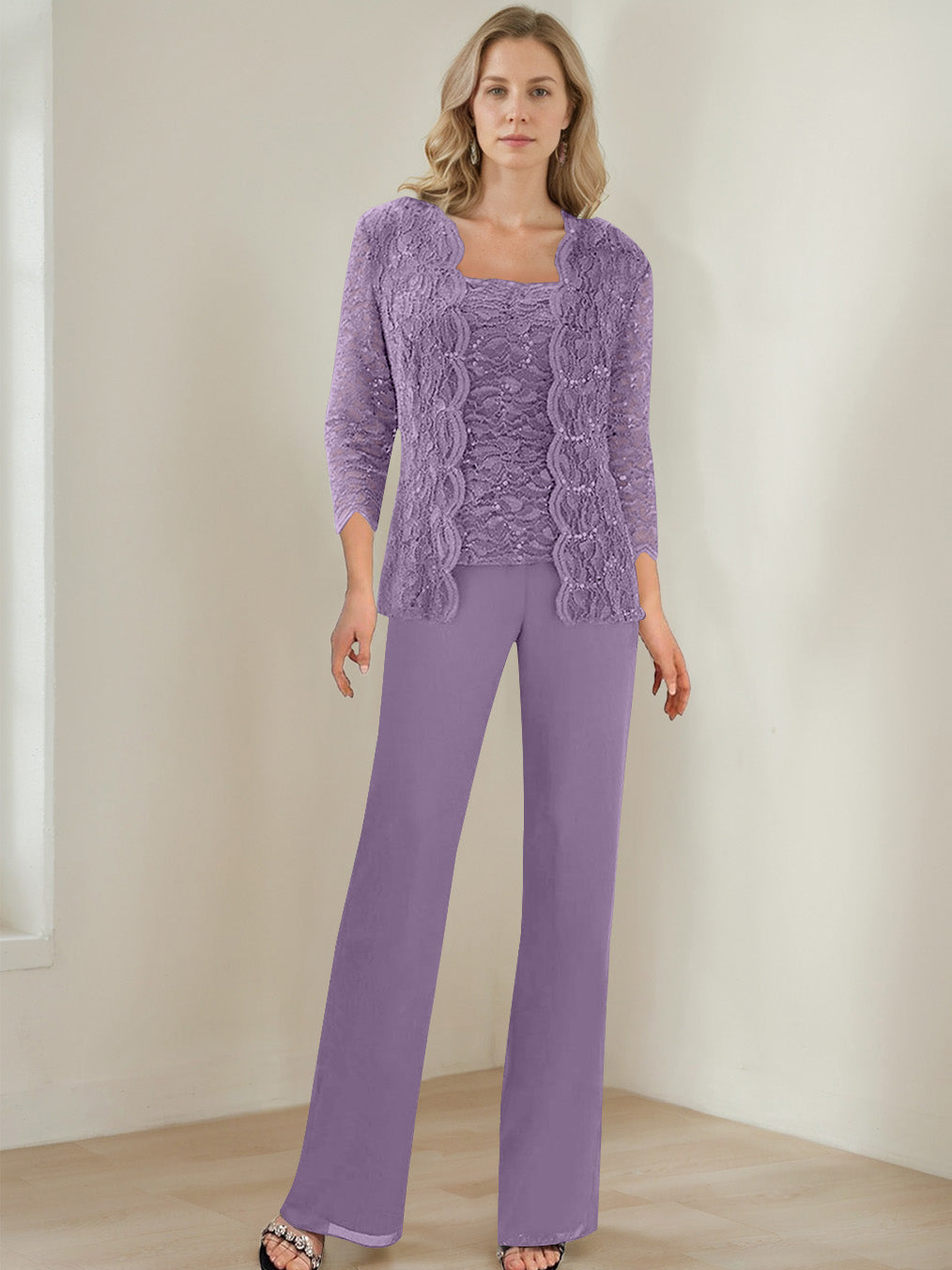 3 Pieces Square Neck 3/4 Sleeves Floor-Length Mother of the Bride Pantsuits with Sequins