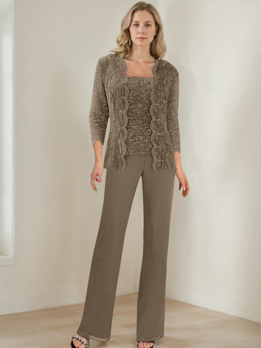 3 Pieces Square Neck 3/4 Sleeves Floor-Length Mother of the Bride Pantsuits with Sequins