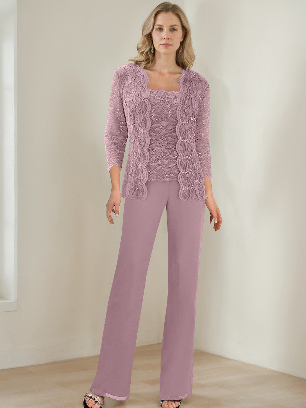 3 Pieces Square Neck 3/4 Sleeves Floor-Length Mother of the Bride Pantsuits with Sequins