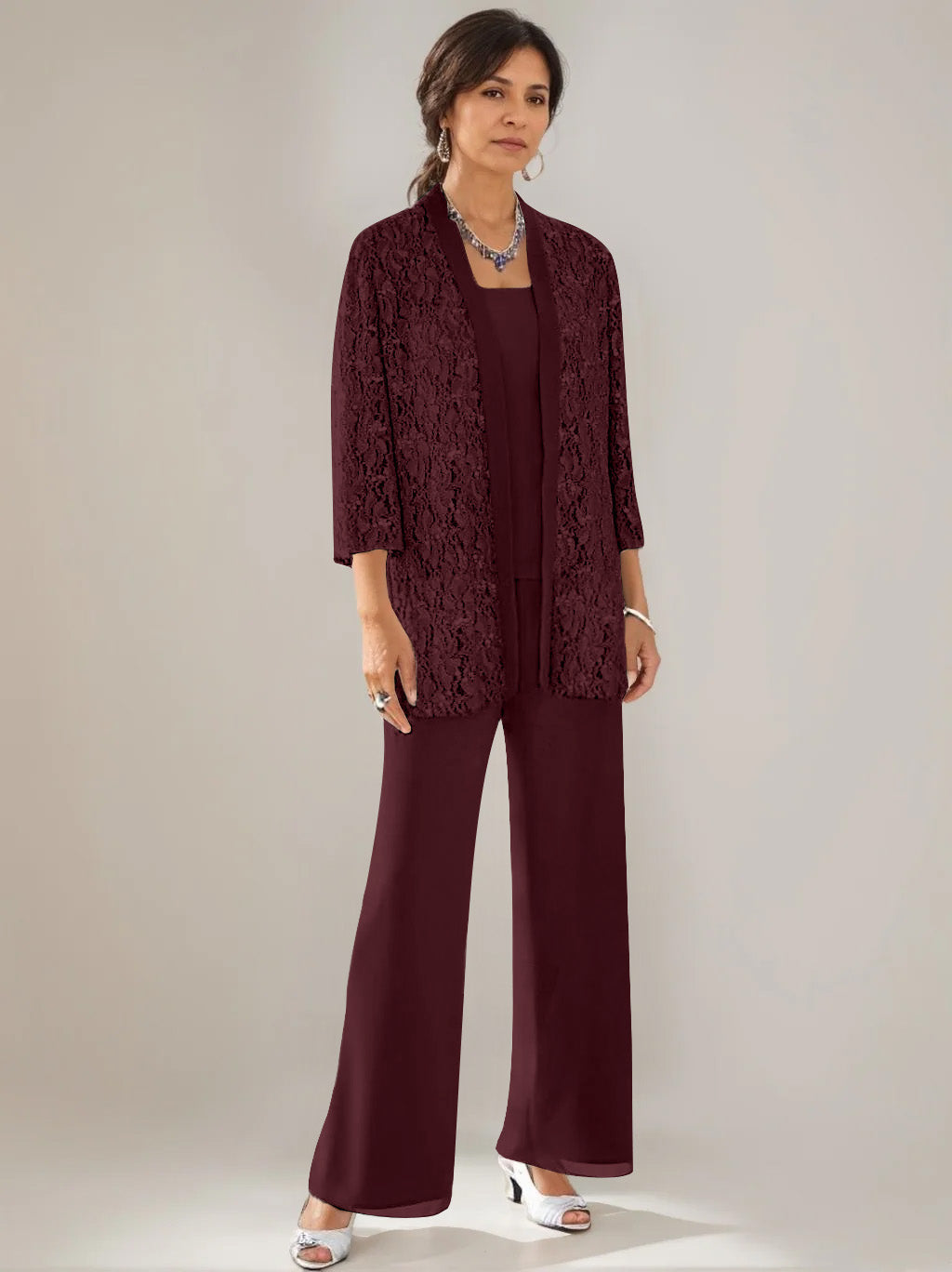 3 Pieces Scoop Neck 3/4 Sleeves Ankle-Length Mother of the Bride Pantsuits with Lace & Sequins & Jacket