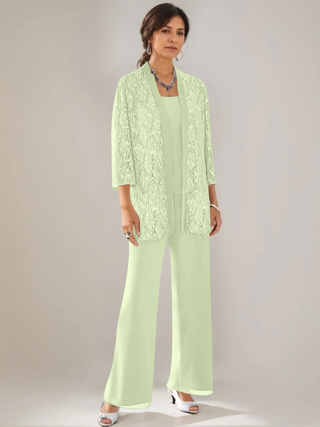 3 Pieces Scoop Neck 3/4 Sleeves Ankle-Length Mother of the Bride Pantsuits with Lace & Sequins & Jacket