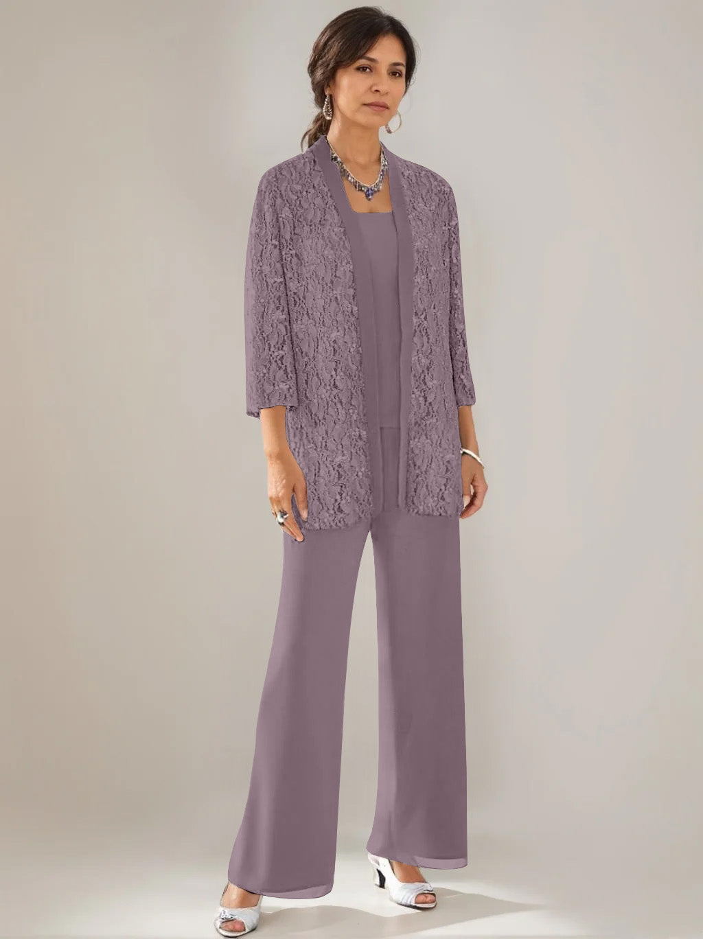3 Pieces Scoop Neck 3/4 Sleeves Ankle-Length Mother of the Bride Pantsuits with Lace & Sequins & Jacket