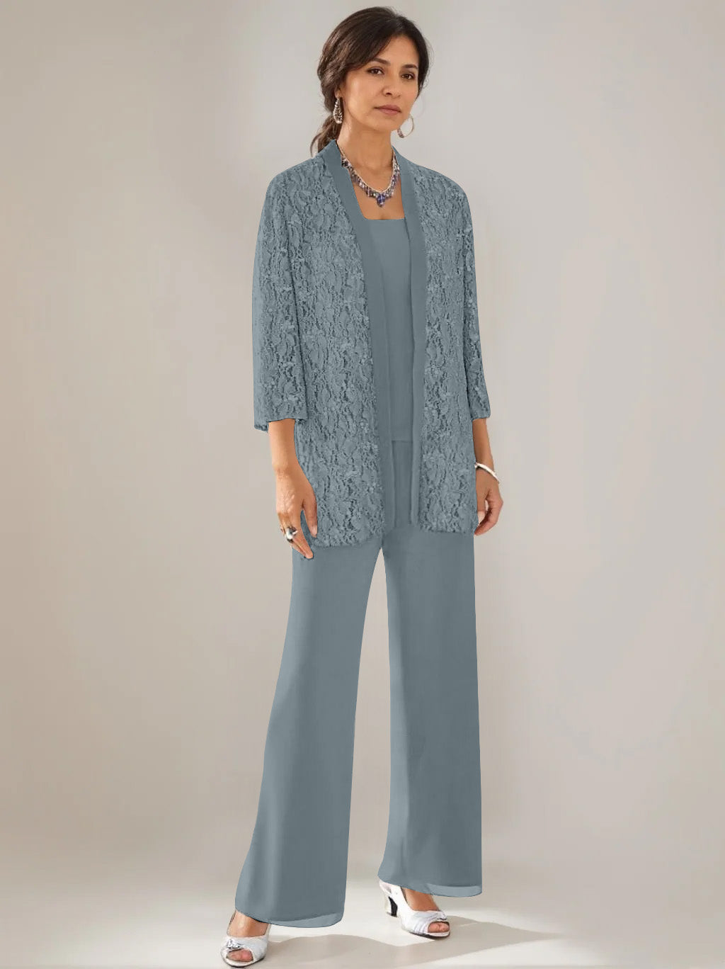 3 Pieces Scoop Neck 3/4 Sleeves Ankle-Length Mother of the Bride Pantsuits with Lace & Sequins & Jacket