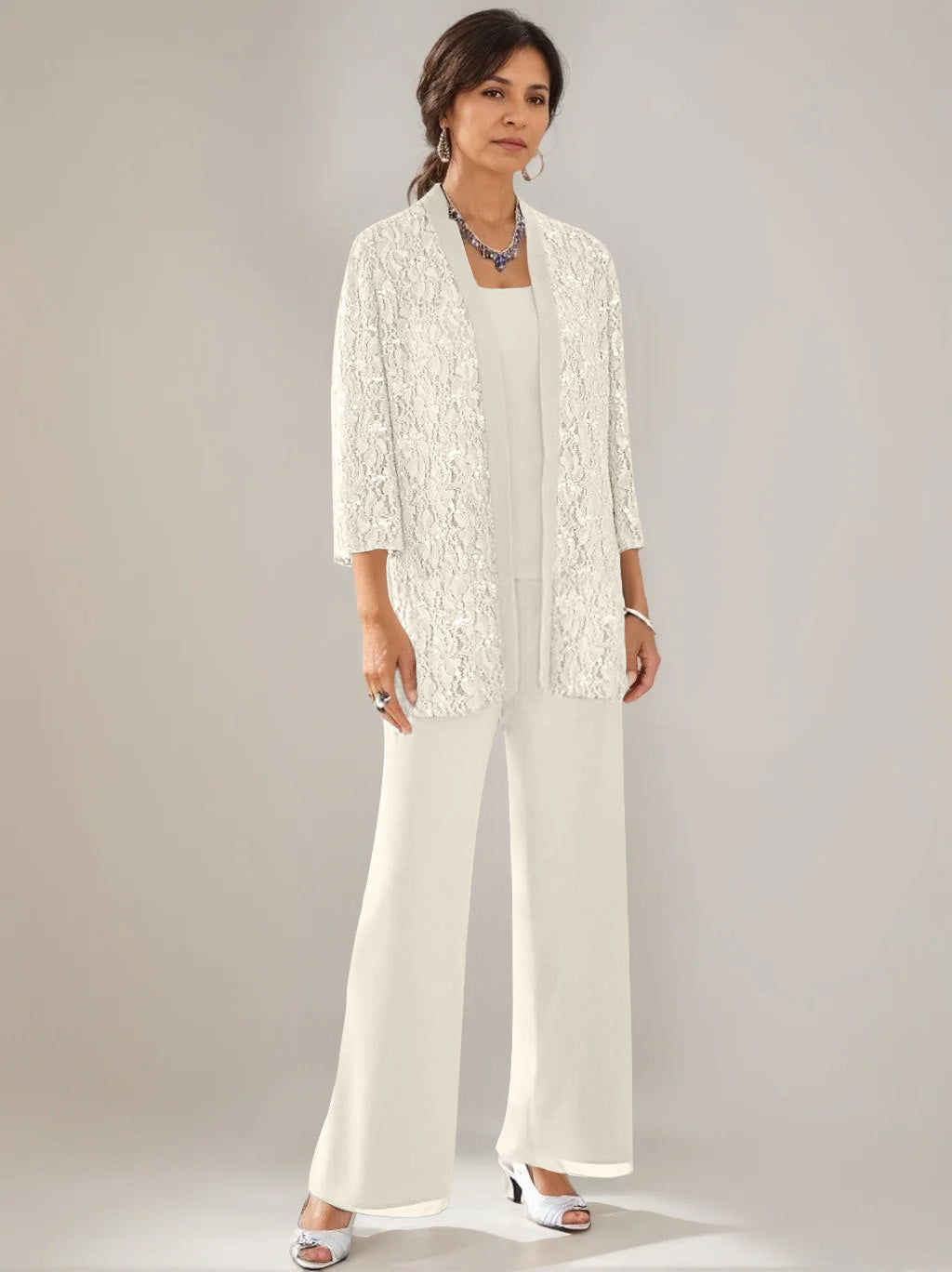 3 Pieces Scoop Neck 3/4 Sleeves Ankle-Length Mother of the Bride Pantsuits with Lace & Sequins & Jacket