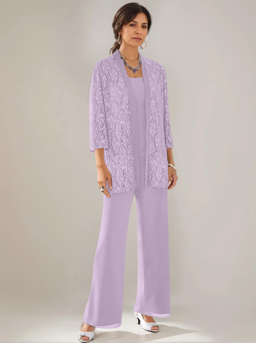3 Pieces Scoop Neck 3/4 Sleeves Ankle-Length Mother of the Bride Pantsuits with Lace & Sequins & Jacket