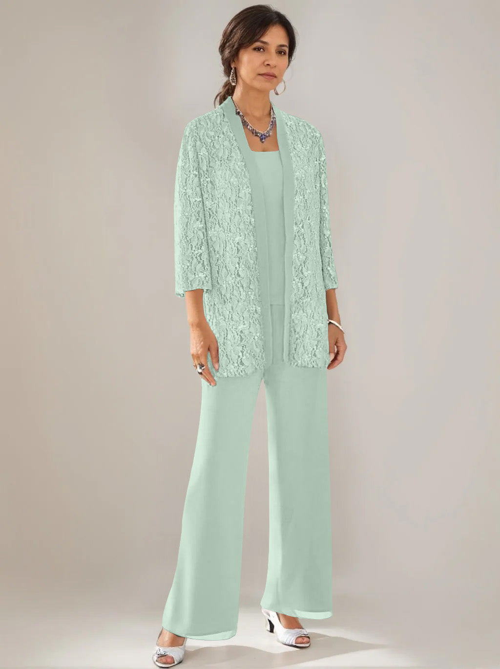 3 Pieces Scoop Neck 3/4 Sleeves Ankle-Length Mother of the Bride Pantsuits with Lace & Sequins & Jacket