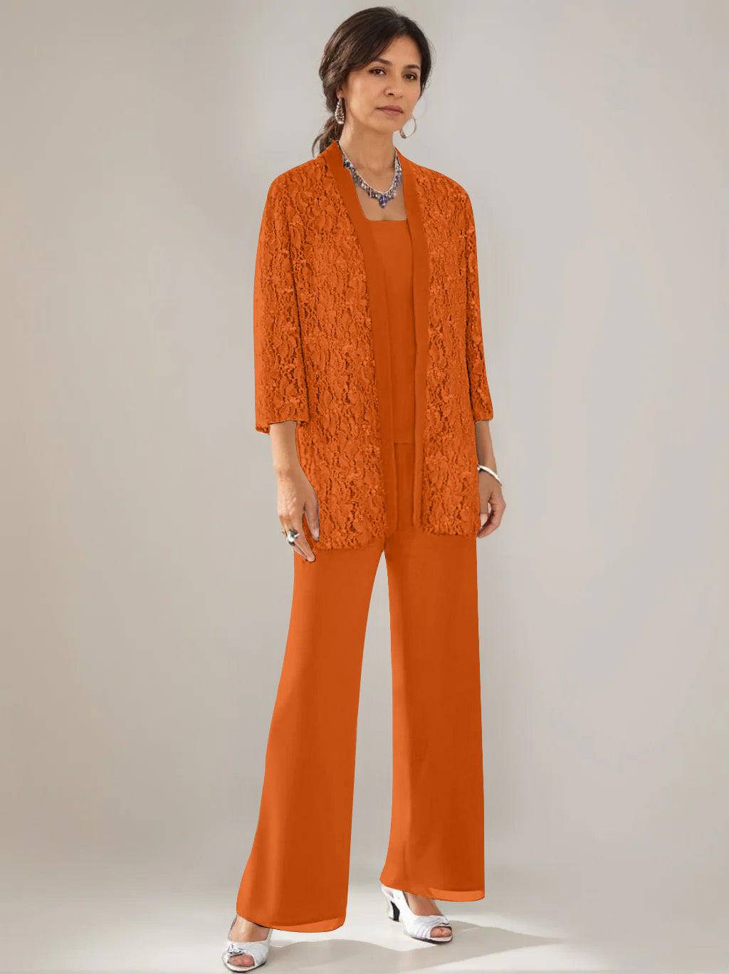 3 Pieces Scoop Neck 3/4 Sleeves Ankle-Length Mother of the Bride Pantsuits with Lace & Sequins & Jacket
