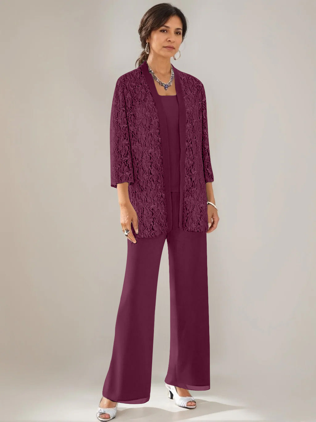 3 Pieces Scoop Neck 3/4 Sleeves Ankle-Length Mother of the Bride Pantsuits with Lace & Sequins & Jacket