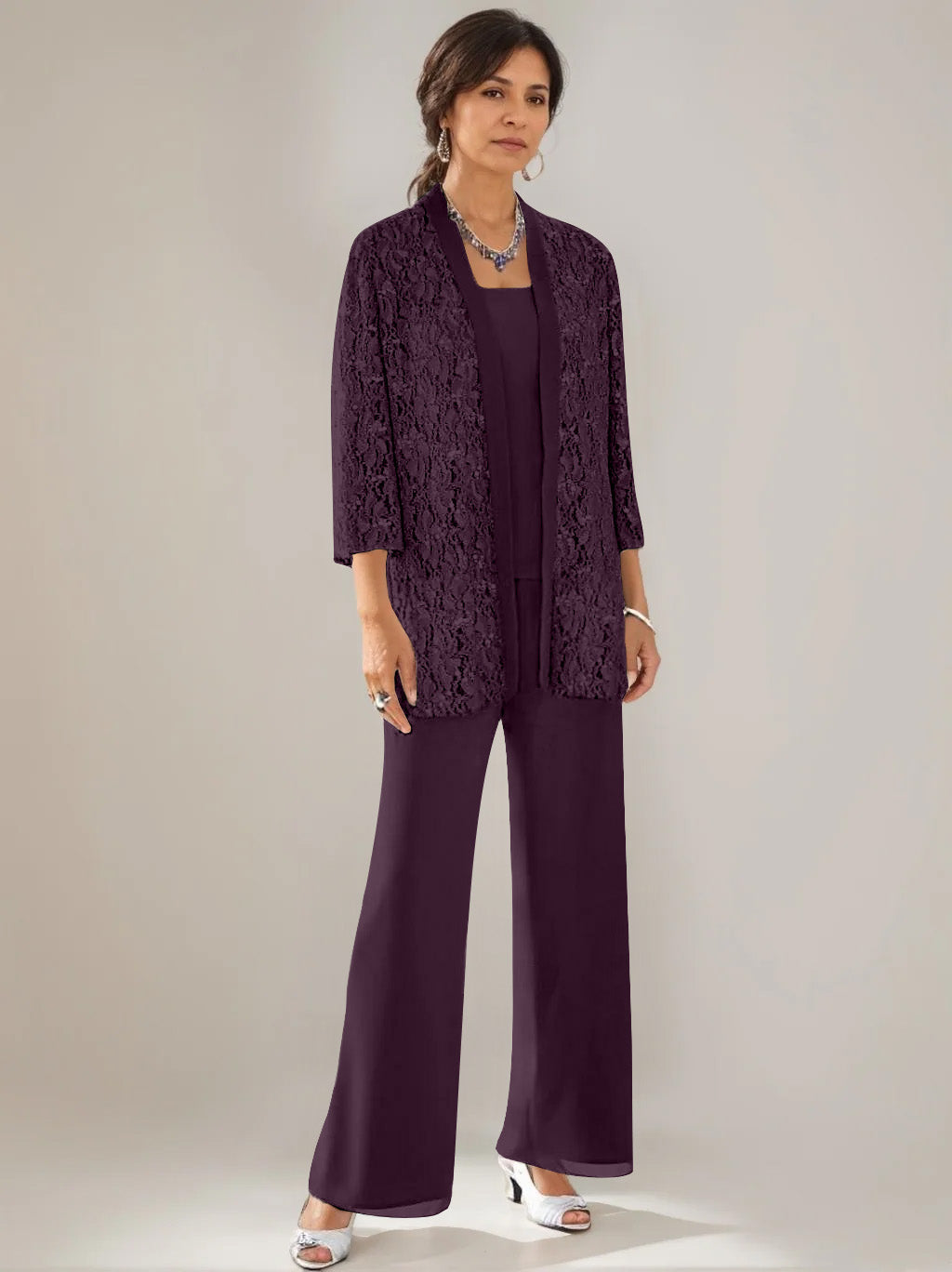 3 Pieces Scoop Neck 3/4 Sleeves Ankle-Length Mother of the Bride Pantsuits with Lace & Sequins & Jacket