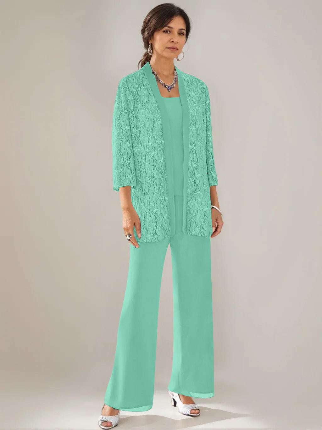 3 Pieces Scoop Neck 3/4 Sleeves Ankle-Length Mother of the Bride Pantsuits with Lace & Sequins & Jacket
