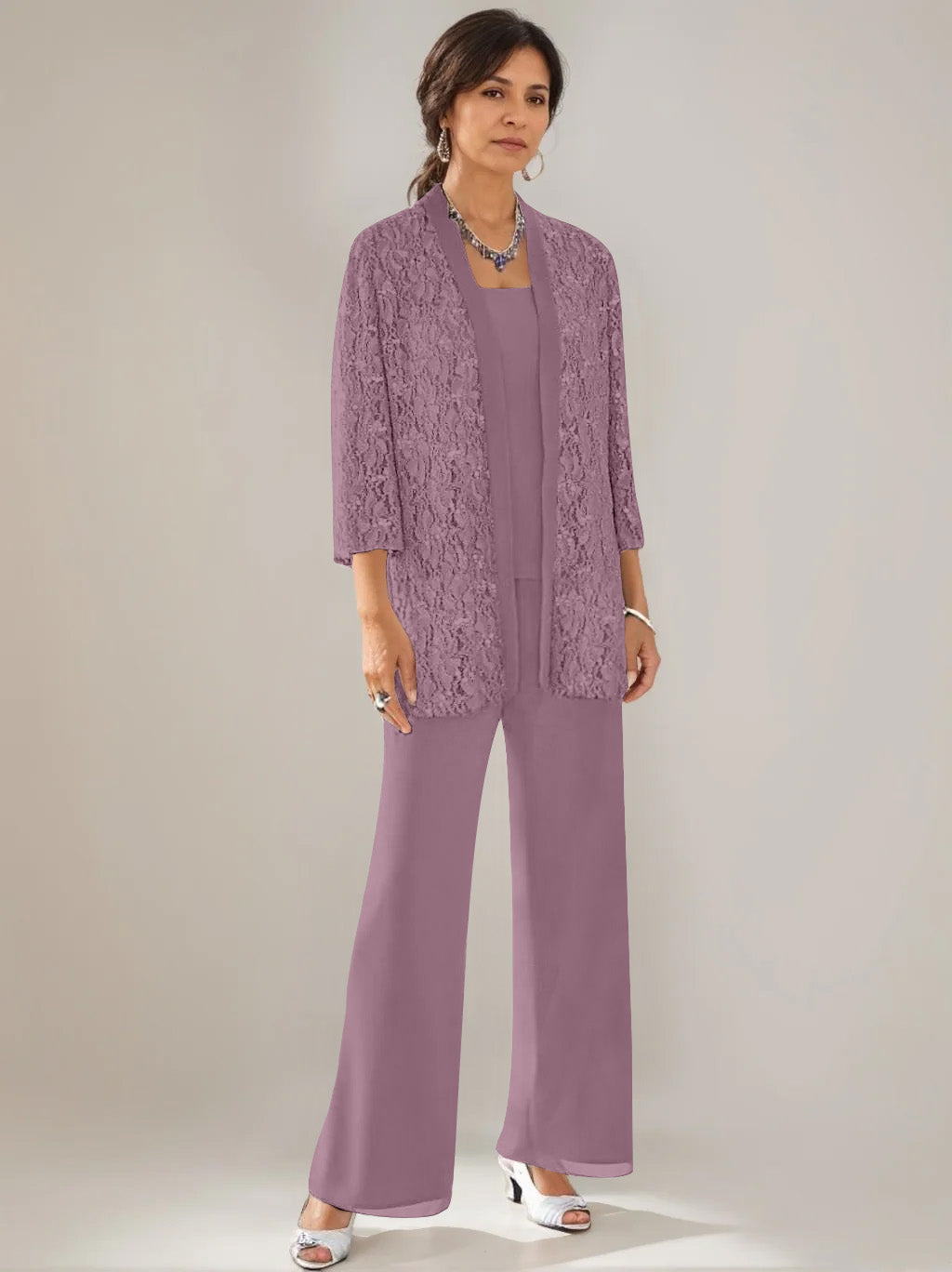 3 Pieces Scoop Neck 3/4 Sleeves Ankle-Length Mother of the Bride Pantsuits with Lace & Sequins & Jacket