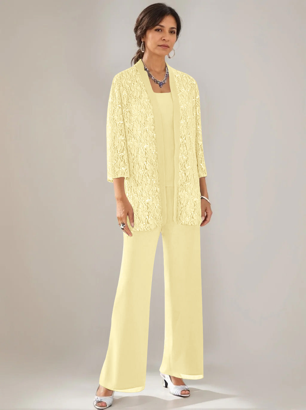 3 Pieces Scoop Neck 3/4 Sleeves Ankle-Length Mother of the Bride Pantsuits with Lace & Sequins & Jacket