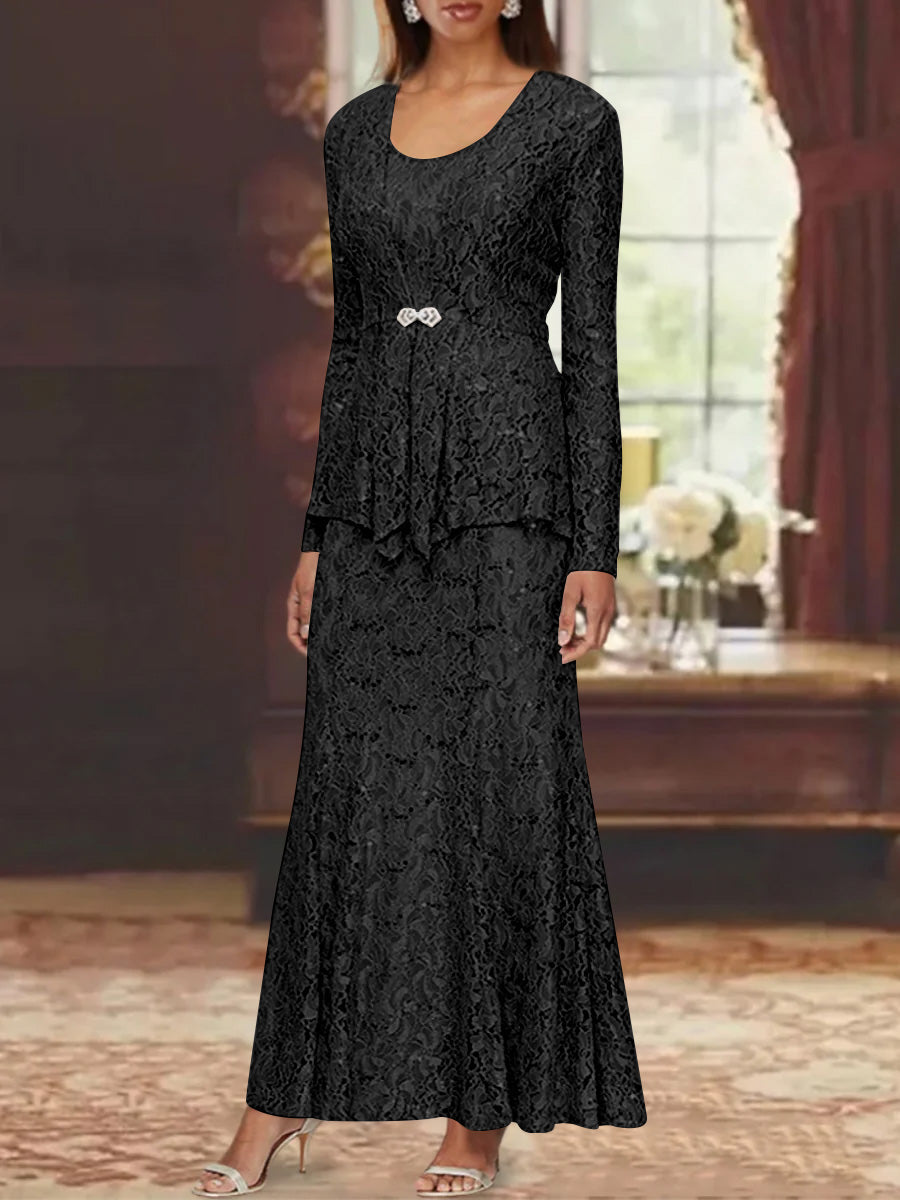 A-Line/Princess 2 Pieces Scoop Lace Mother of the Bride Dresses with Jacket Long Sleeves Ankle-Length